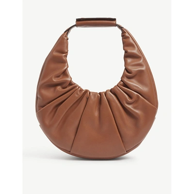 Shop Staud Moon Ruched Leather Shoulder Bag In Tan