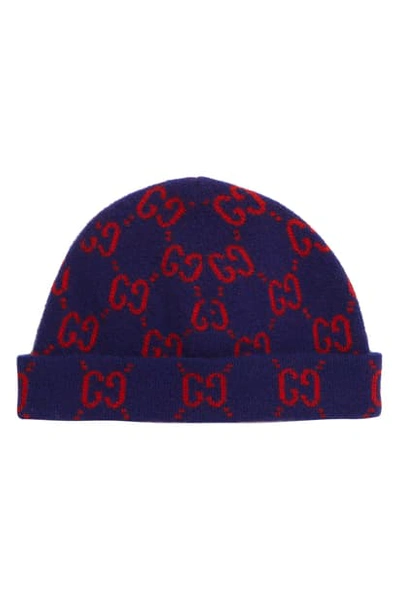 Shop Gucci Foghina Gg Logo Jacquard Wool Beanie In Royal/ Red