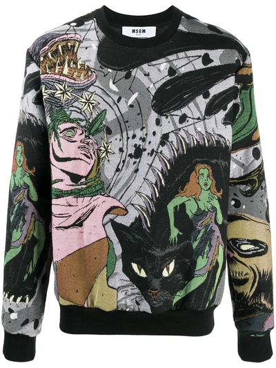 Shop Msgm Intarsia Cartoon Sweatshirt In Black