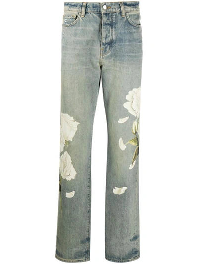 Shop Amiri Floral Print Straight-leg Jeans In Blue