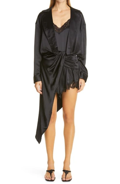 Shop Alexander Wang Draped Long Sleeve Hybrid Silk Dress In Black