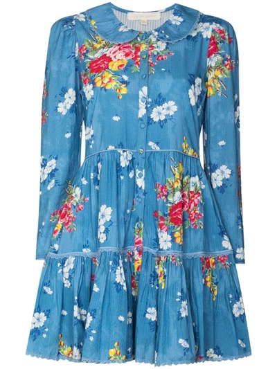 Shop Loveshackfancy Marzia Floral-print Mini Dress In Blue