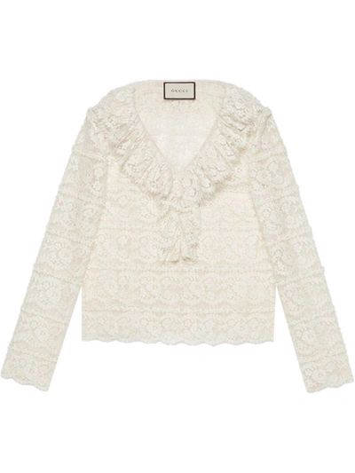 Shop Gucci Ruffled Floral Lace Blouse In White