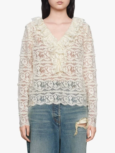 Shop Gucci Ruffled Floral Lace Blouse In White