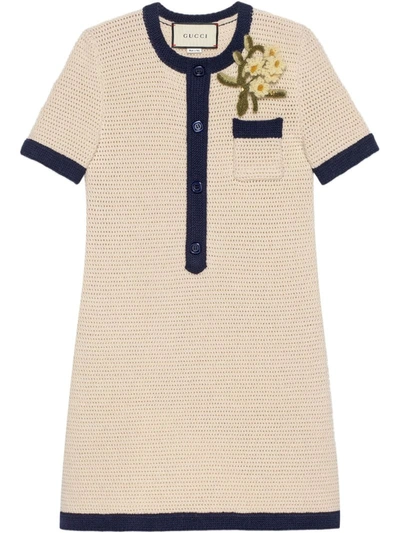 Shop Gucci Flower-brooch Mini Dress In Neutrals