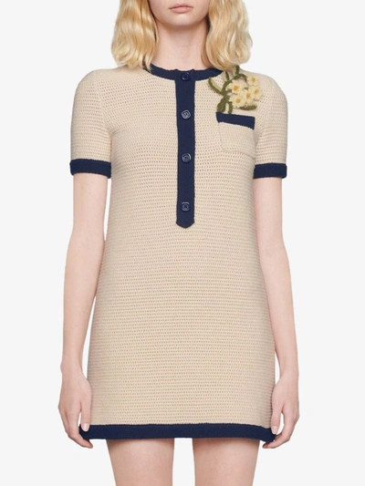 Shop Gucci Flower-brooch Mini Dress In Neutrals