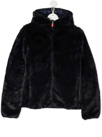 Shop Save The Duck Teen Reversible Hooded Faux-fur Coat In Blue
