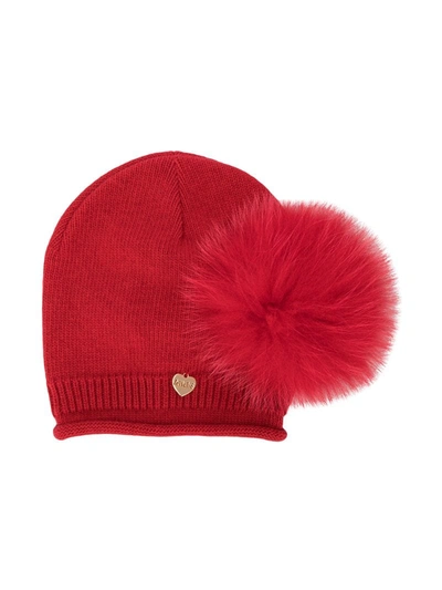 Shop Le Bebé Enfant Pompom-embellished Beanie Hat In Red