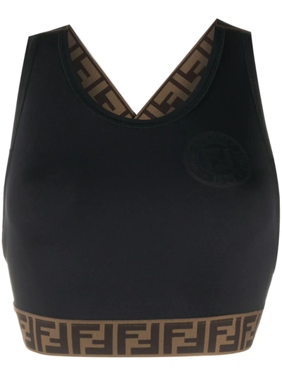 Shop Fendi Ff Logo Trim Sports Bra In Black