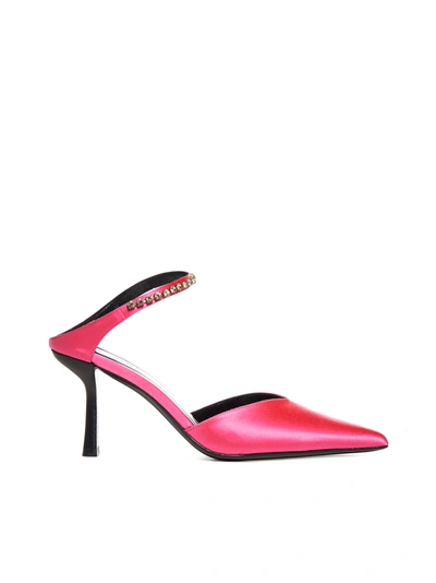 Shop By Far Alla Crystal-embellished Satin Mules In Hot Pink