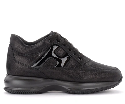 Shop Hogan Interactive Sneaker In Laminated Leather And Black Painted Leather In Nero