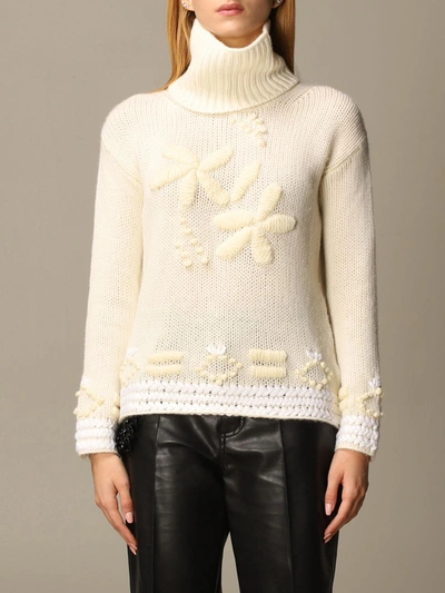Shop Ermanno Scervino Sweater Turtleneck With Embroidery In White