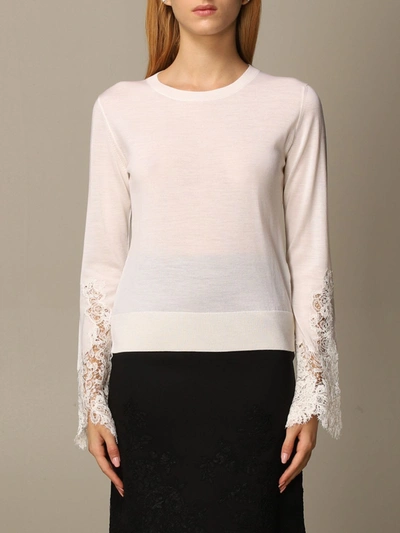 Shop Ermanno Scervino Sweater Merino Crewneck With Lace Insert In White