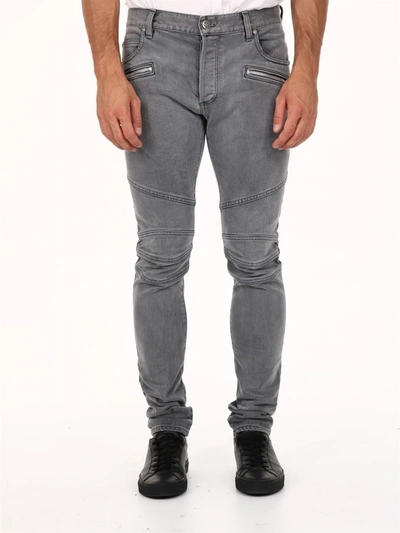 Shop Balmain Biker Denim Gray In Grey