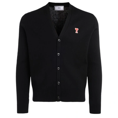 Shop Ami Alexandre Mattiussi Ami Cardigan Made Of Black Merino Wool With Heart-shaped Patches In Nero