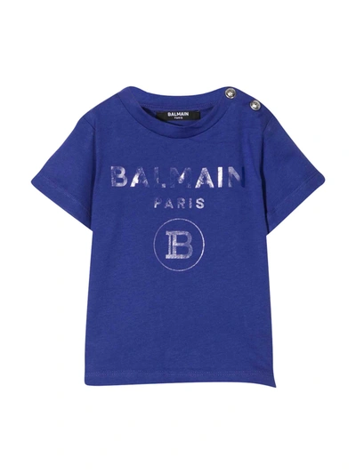 Shop Balmain Blue T-shirt With Frontal Logo And Buttons