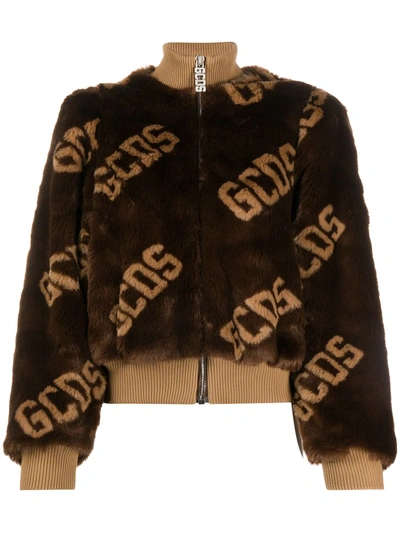 Shop Gcds Textured Logo Print Bomber Jacket In Brown