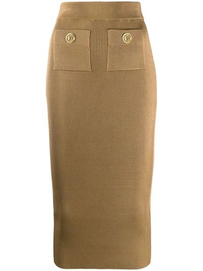 Shop Balmain High-waisted Knit Skirt In Brown