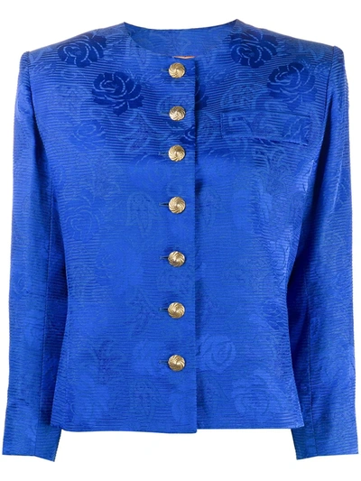 Pre-owned Saint Laurent 2000s Floral Jacquard Collarless Jacket In Blue
