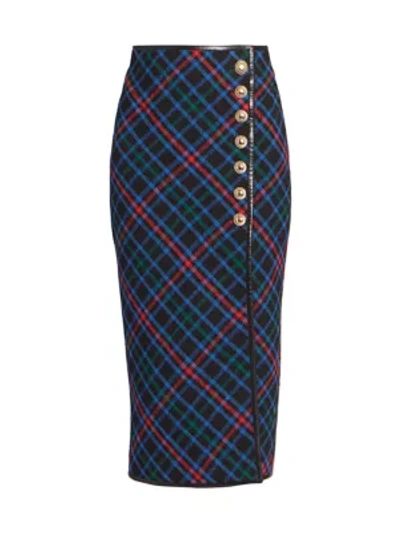 Shop Saint Laurent Plaid Wool Side-button Midi Skirt In Ink Red Blue