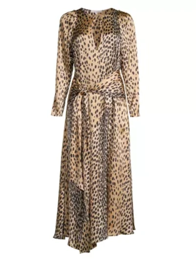 Shop Rebecca Taylor Cheetah-print Silk Long-sleeve Dress In Golden Combo