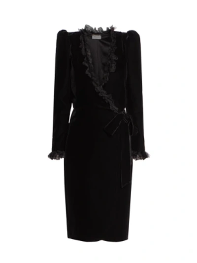 Shop Saint Laurent Women's Lace-trimmed Velvet Wrap Dress In Nero