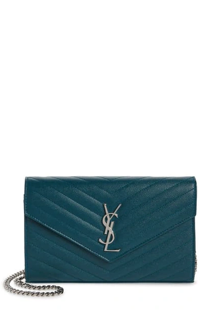 Shop Saint Laurent Monogramme Quilted Leather Wallet On A Chain In 4413 Petrol Green