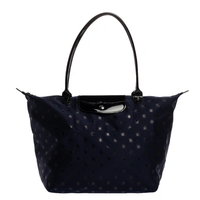 Pre-owned Longchamp Navy Blue/black Star Print Nylon And Patent Leather Medium Le Pliage Tote
