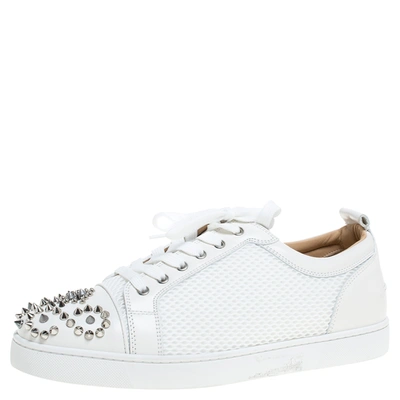 Pre-owned Christian Louboutin White Mesh Fabric And Leather Louis Junior Spikes Low Top Sneakers Size 43.5