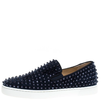 Pre-owned Christian Louboutin Navy Suede Roller Boat Spiked Slip On Sneakers Size 41 In Navy Blue