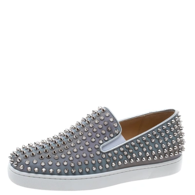 Pre-owned Christian Louboutin Metallic Silver Leather Roller Boat Spiked Slip On Sneakers Size 40