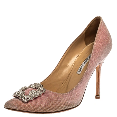 Pre-owned Manolo Blahnik Metallic Pink Glitter Fabric Hangisi Pearl Embellished Pumps Size 40.5