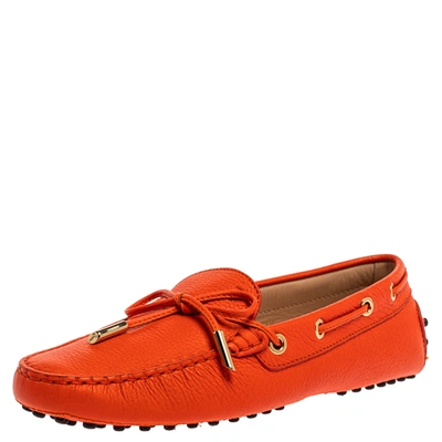 Pre-owned Tod's Orange Leather Gommino Bow Loafers Size 37.5