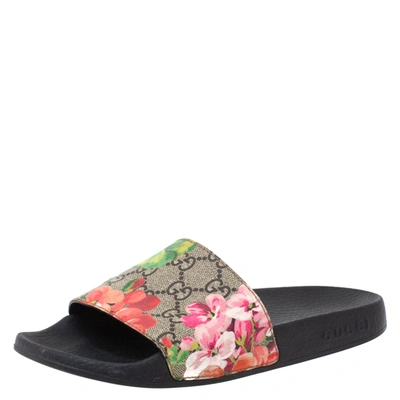 Pre-owned Gucci Beige Gg Supreme Blooms Canvas Flat Slides Size 36