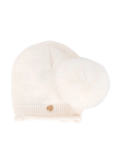 Shop Le Bebé Enfant Pompom-embellished Beanie Hat In White