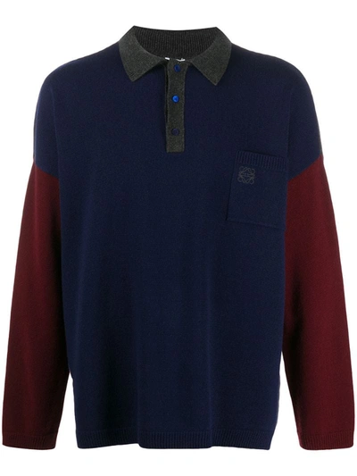 Shop Loewe Panelled Knitted Polo Shirt In Blue