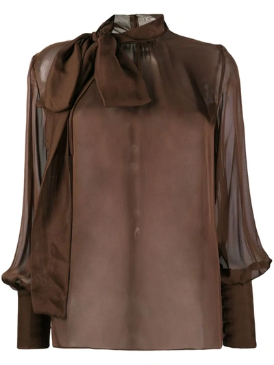 Shop Federica Tosi Tie Neck Semi-sheer Blouse In Brown