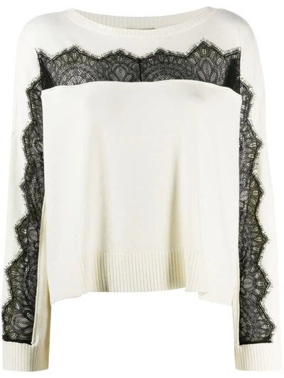 Shop Twinset Lace-embellished Round-neck Jumper In White