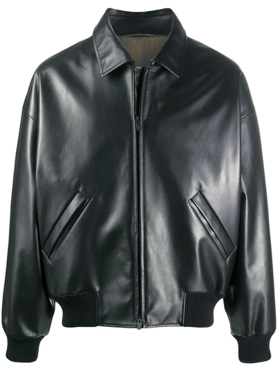 Shop Ermenegildo Zegna Fearofgodzegna Embossed Logo Leather Bomber Jacket In Black