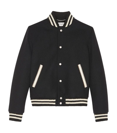 Shop Saint Laurent Wool-rich Logo Bomber Jacket In Black