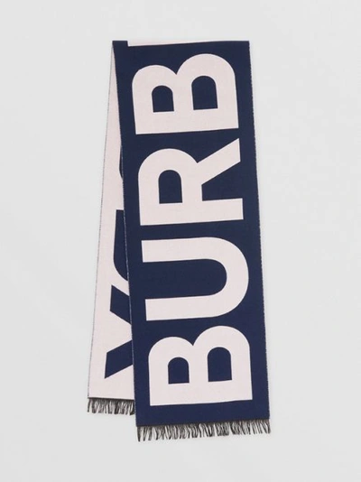 Shop Burberry Logo Wool Jacquard Scarf In Navy