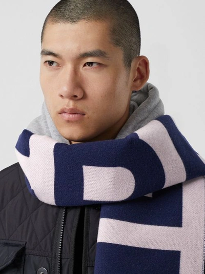 Shop Burberry Logo Wool Jacquard Scarf In Navy