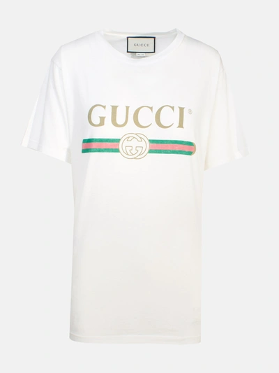 Shop Gucci T-shirt Logo Vintage Bianca In Beige