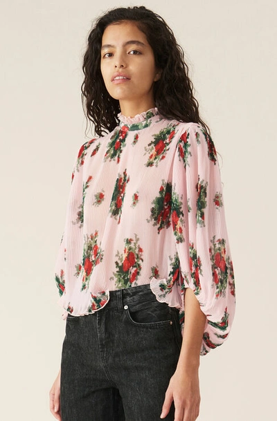 Shop Ganni Pleated Georgette Blouse In Cherry Blossom