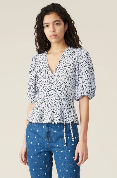 Shop Ganni Printed Crepe Wrap Blouse In Heather