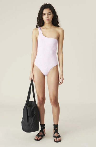Shop Ganni Recycled Printed One Shoulder Swimsuit In Cherry Blossom