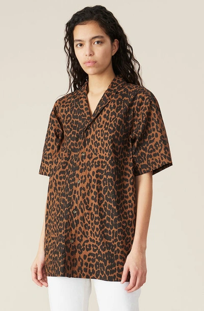 Shop Ganni Printed Cotton Poplin Oversized Shirt In Toffee