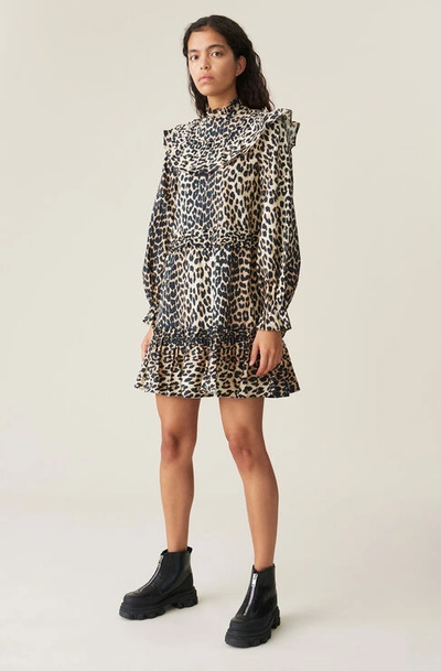 Shop Ganni Printed Cotton Poplin Frill Mini Dress In Leopard