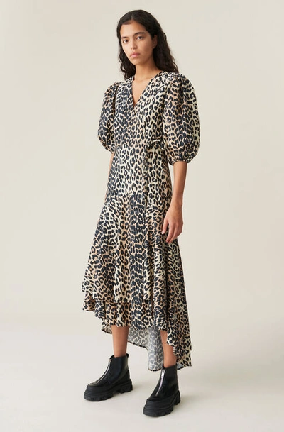Shop Ganni Printed Cotton Poplin Wrap Dress In Leopard
