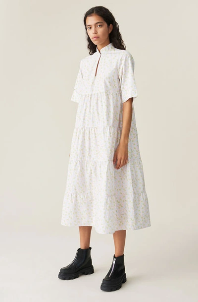 Shop Ganni Printed Cotton Poplin Midi Dress In Cherry Blossom